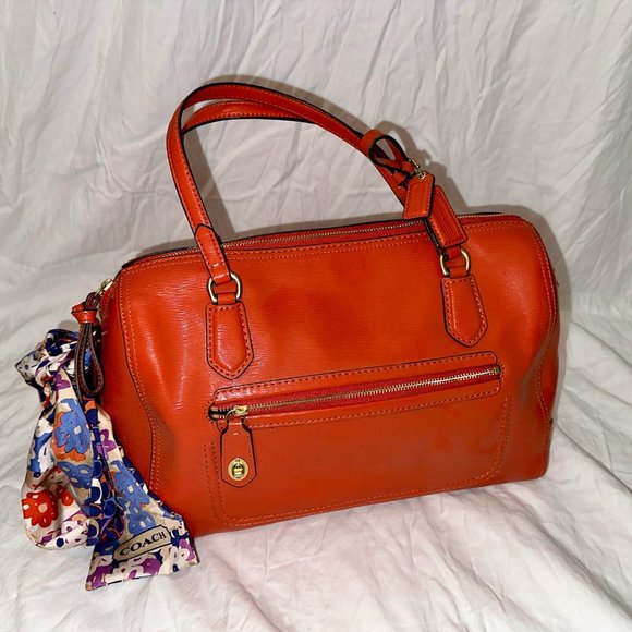 Coach Rowan Red Mango Medium Shoulder Bag Satchel Gold Logo - Picture 1 of 8